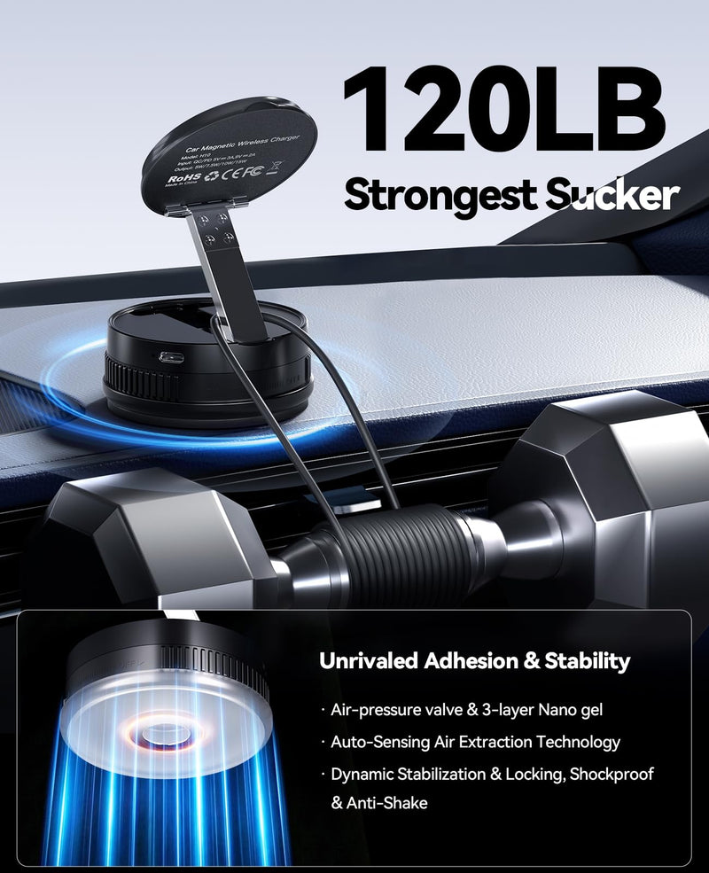 2026 Upgraded 15W MagSafe Car Mount Charger,Magnetic Wireless Car Charger,360° Rotatable Strong Hold Car Phone Mount with Vacuum Suction Cup & Nano Adhesive Base for iPhone 17 16 15 14 13 12,Samsung