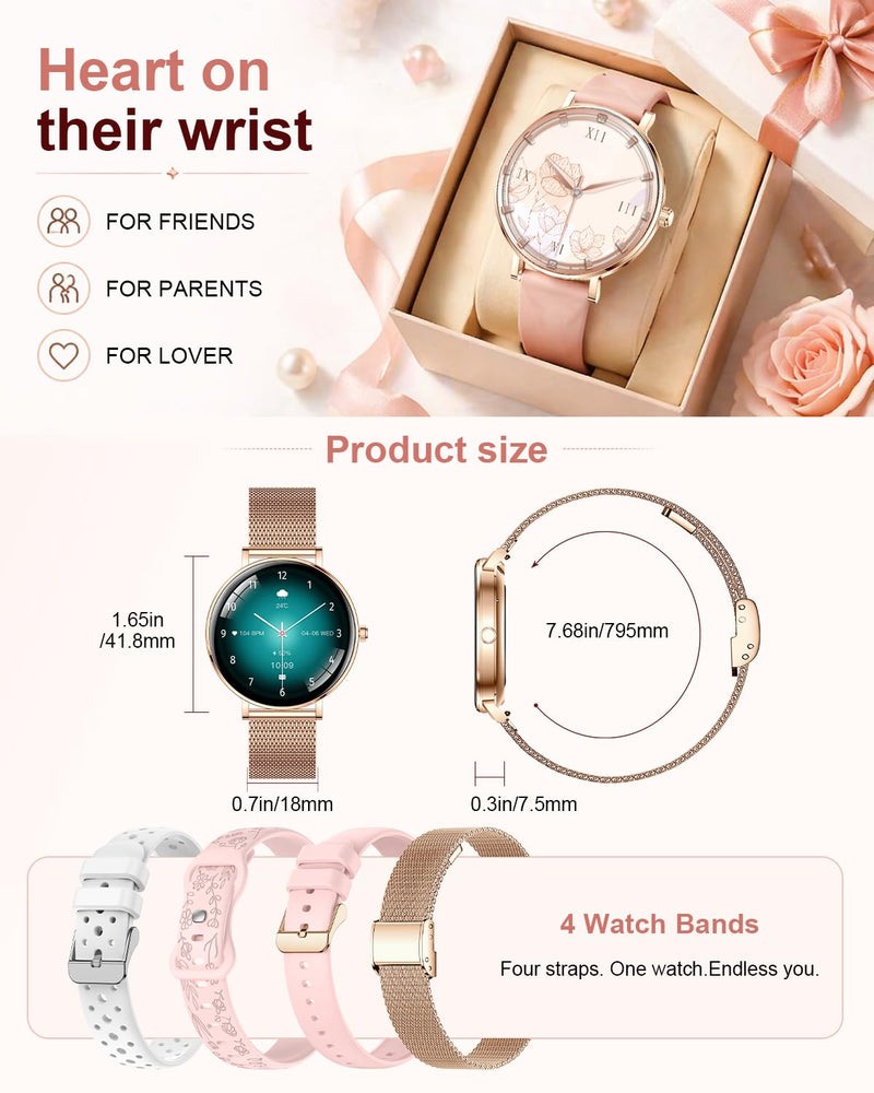 Smart Watches for Women,1.32'' AMOLED Ultra-Thin Smart Watch with Bluetooth Make/Answer Call,Heart Rate/SpO2/Sleep Tracker,120+ Sport Modes IP68 Fitness Watch Android/iOS Compatible,4 Straps,Rose Gold Rose Gold(4 Bands)