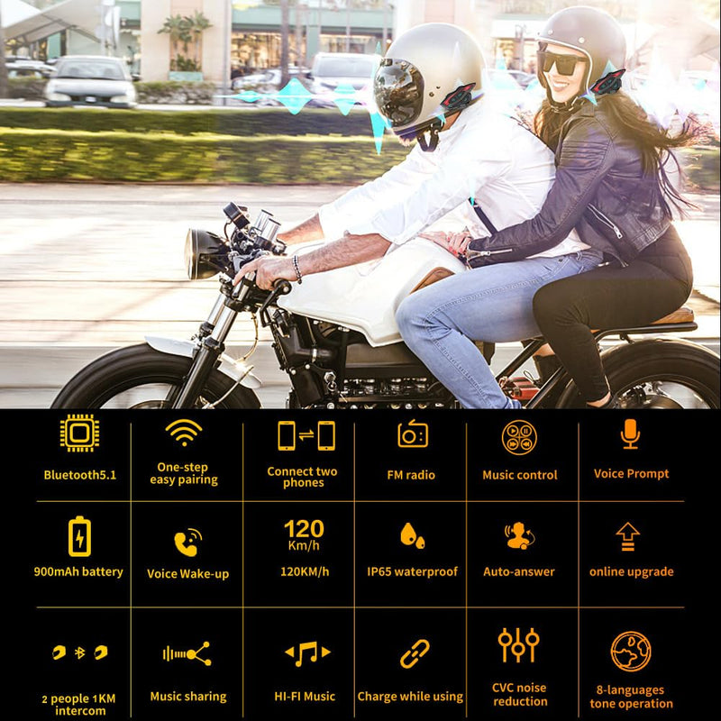 Motorbike Helmet Bluetooth intercom system,QSPORTPEAK Shark02 full duplex Wireless Motorbike Interphone for 2 Riders/Range1000m/Music sharing/Multi-country tone selection,One-step easy pairing(1 Pack)
