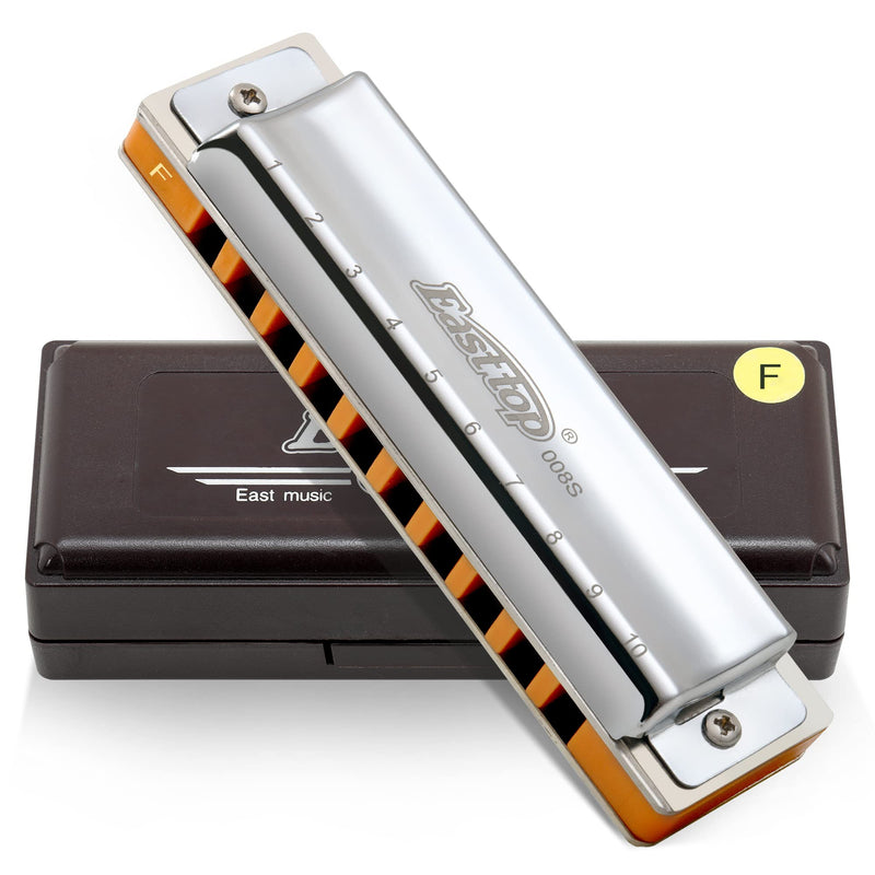 [AUSTRALIA] - East top 10 Holes Professional Diatonic Blues Harmonica Key of F with Silver Cover, Probgrade Harmonicas For Adults, Professional Player and Students 