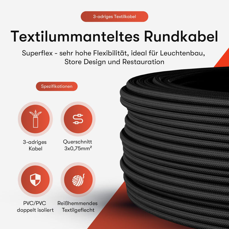 Textile Cable for Lamps, Textile-Coated Round Cable, Three-Core, 3 x 0.75 mm², Gold, black 3 Meter