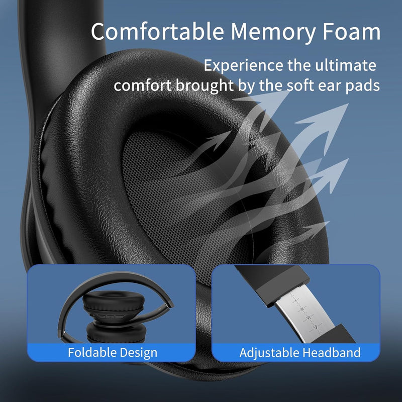 Bluetooth Headphones Over Ear,58H Playtime,Wireless Headset with Microphone HiFi Stereo Foldable Lightweight Deep Bass for Travel Home Office Cellphone (Black) Black