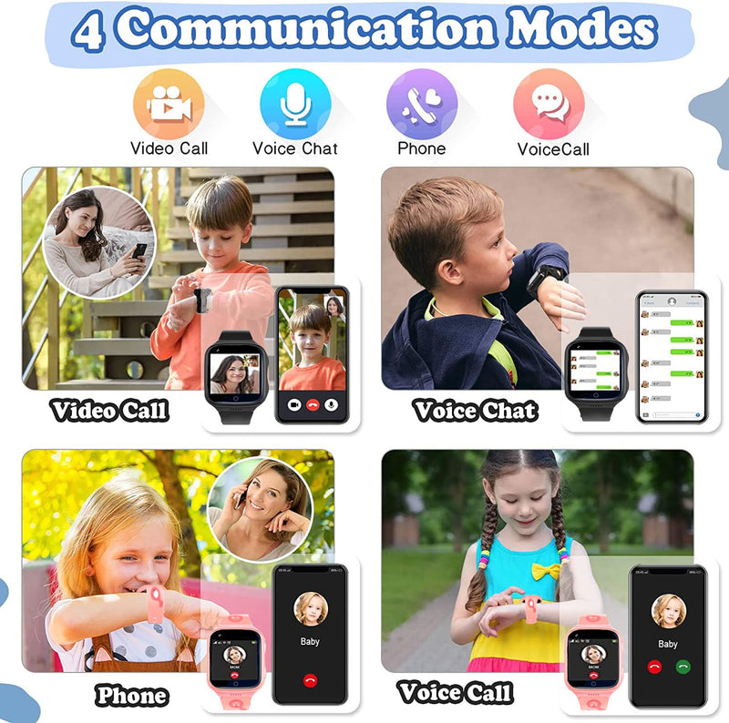 TEZILON 4G GPS Smart Watch Waterproof Phone Video Call SOS Emergency Alarm Voice Message Camera GPS Tracker Watch Real-Time Tracking Geo-Fence Touch Screen Pedometer Anti-Lost Gift Pink