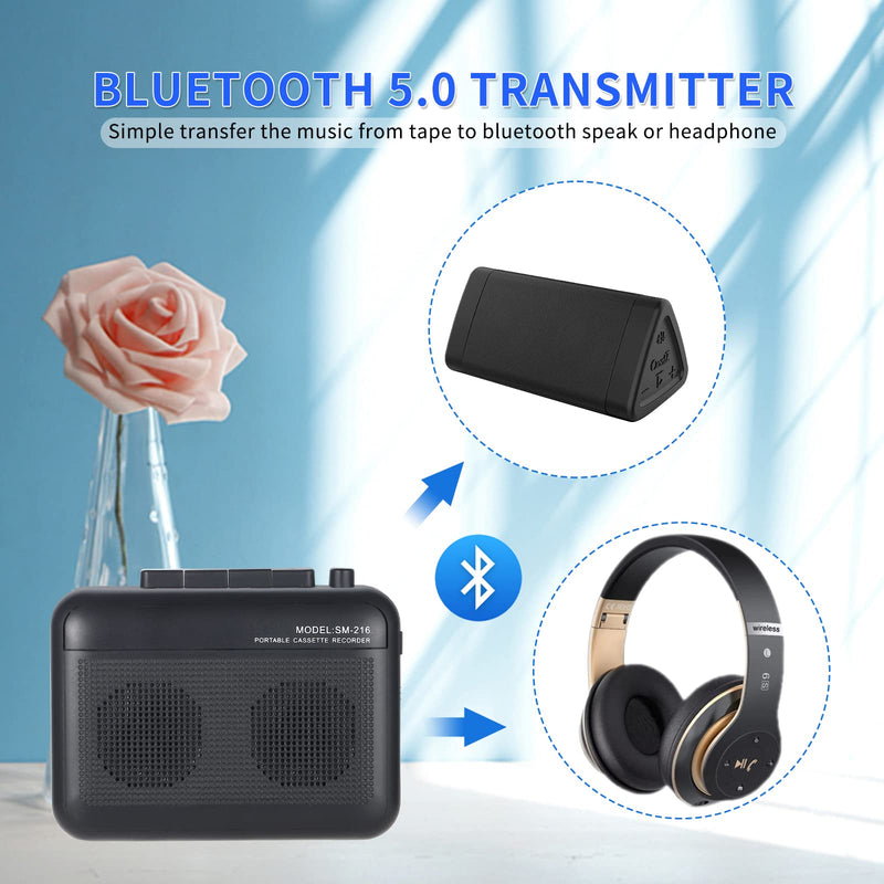 [AUSTRALIA] - Portable Cassette Player Recorder with Bluetooth Transmitter, Small Cassette Tape Player with Headphone Jack, Build-in Speaker, Microphone Jack, Powered by AC Adapter or AA Battery- Black 