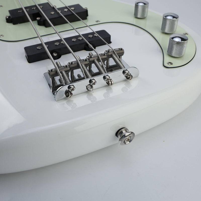 Chrome Electric Bass Guitar Bridge with Stainless Steel Threaded Saddles Plate 4 String Fixed Bridge Compatible with Vintage style Fender Jazz Precision Bass Bridge Replacement Parts 4 Piece Chrome