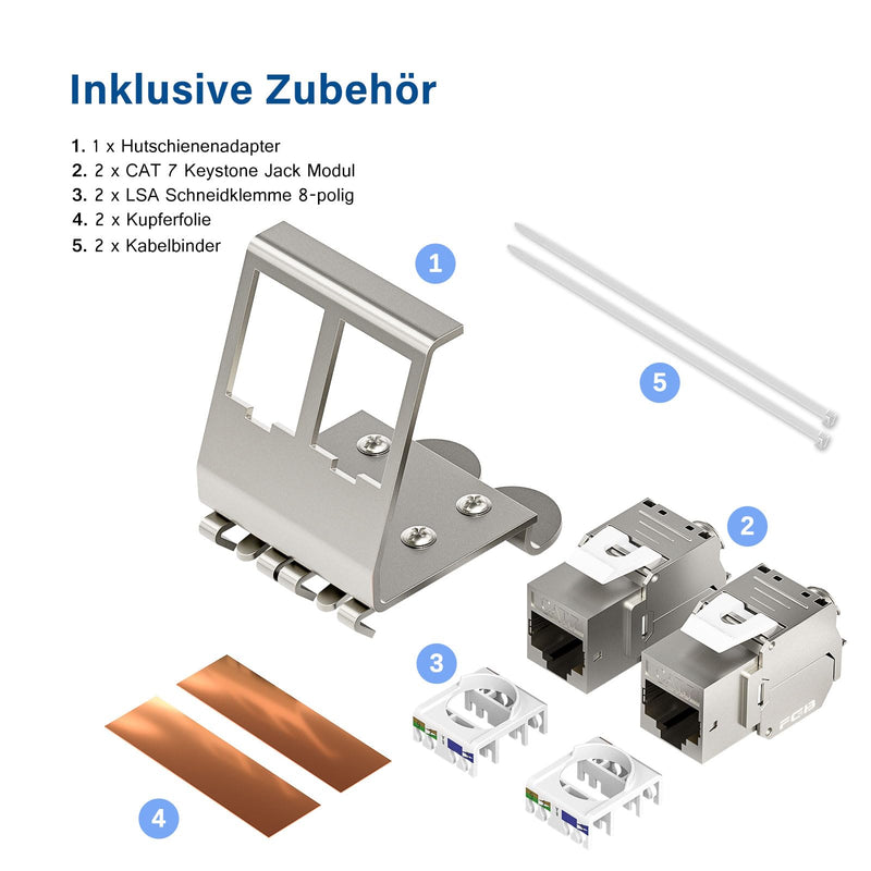 FGB 10Gbps 2x CAT 7 Keystone Jack Module with 1x 2-Port DIN Rail Adapter - Tool-Free LSA - Metal STP Shielding RJ45 Socket Snap-in Mounting for 35 mm DIN Rails - Ethernet LAN Network Switch 2 port-2x keystone + 1x holder