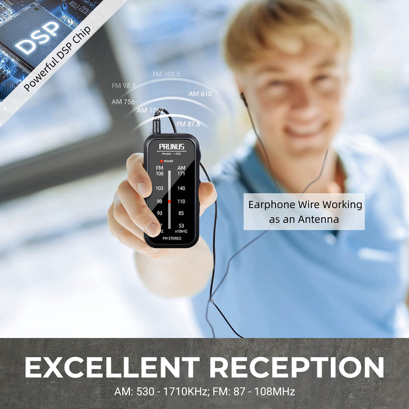 Pocket Radio Mini AM FM Stereo Radio Portable Battery Operated Radio, Includes Headphones, with Back Clip and Signal Indicator, Operated by AAA Batteries for Hurricane,Walking,Running,J-985 by PRUNUS Black