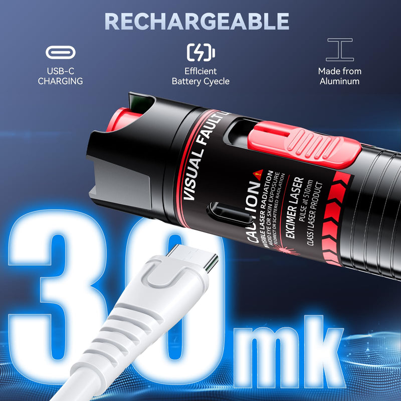 Visual Fault Locator 30KM - Rechargeable VFL Fiber Optic Tester Kit Include Single Mode 9/125um FC Male to LC Female Adapter, Fiber Optic Lights for Network Cable 30km-Rechargeable