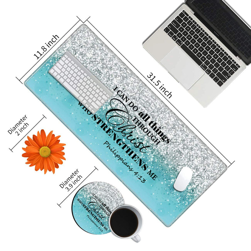 Desk Mat Gaming Mouse pad for Laptop Computer,Blue Flash Bible Pattern Customized Design Desk pad, Home Office Accessories, with Coasters & Cute Stickers Christ Bible 4:13 Quote
