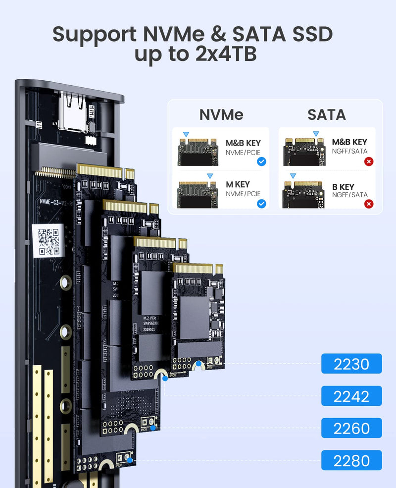 ORICO Dual M.2 NVMe SSD Aluminum USB3.2 Gen2 10Gbps, M.2 Type-C Docking Station for PCIe M-Key, B&M Key 2230/2242/2260/2280 SSD, Tool-Free, Up to 4TB Grey Dual M.2 NVMe+NVMe