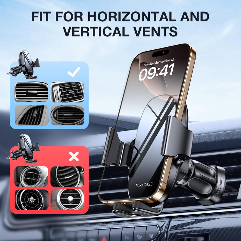 miracase Upgraded Wider Clamp Phone Holders for Your Car, Metal Hook Air Vent Car Mount [Thick Cases Friendly] Automobile Hands Free Compatible with iPhone 17/16/15/14/13 Series All Smartphone Black Air Vent-Mirrored