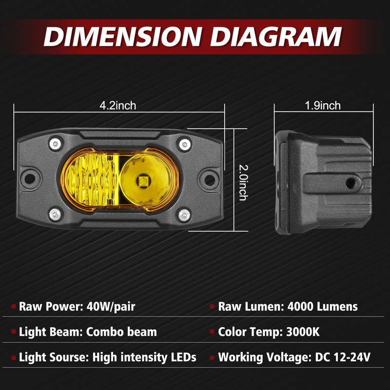 [AUSTRALIA] - Yellow LED Pods Flush Mount Spot Flood Light 2PCS 4 Inch Bumper Driving Fog Lights Reverse Backup Work Lights Flush Off Road Light Bar for Truck Pickup UTV ATV Boat 4x4 Yellow Flush 
