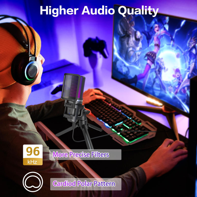 ZealSound Gaming USB Microphone for PC,RGB Condenser Computer Mic with Tripod Stand,Quick Mute,Gain Control for Gaming,Streaming,Podcasting,Recording,ASMR,Cardioid Mic Kit for Laptop/PS4/PS5/Phone RGB