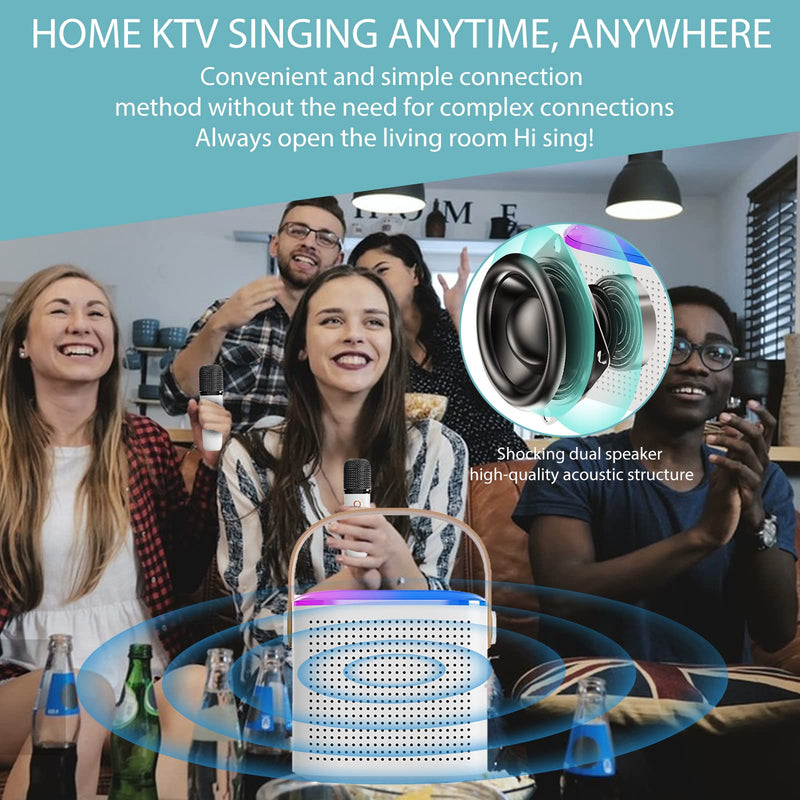 Wireless Bluetooth Karaoke Microphone for All Smartphones, Portable Bluetooth Karaoke Speaker with 2 Wireless handheled Microphones for Home Party, Birthday Gifts for Girls Boys Kids Adults (White)