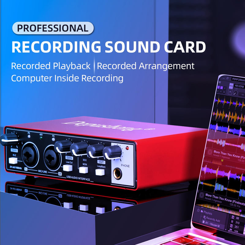 Depusheng RED USB Audio Interface for Recording Music, XLR Interface with 48 V Phantom Power, Audio Box for Guitarists,Podcasters or Producers to record and playback studio quality sound