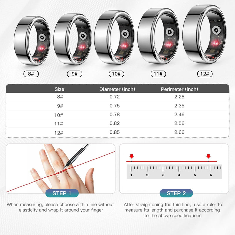Smart Ring Health Tracker for Women Men, Sleep Tracker with Heart Rate and Blood Oxygen, Fitness Ring for Activity Monitoring, 15 Days Battery, No Subscription, Titanium Alloy(Black, #8)