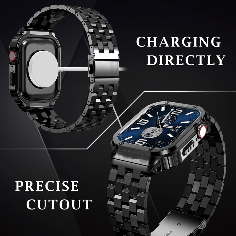 SUPLINK Stainless Steel Case and Band Compatible with Apple Watch Bands 45mm Men, Metal Rugged Protector Cover Strap for iWatch Apple Watch Series 9 8 7 Silver and Black