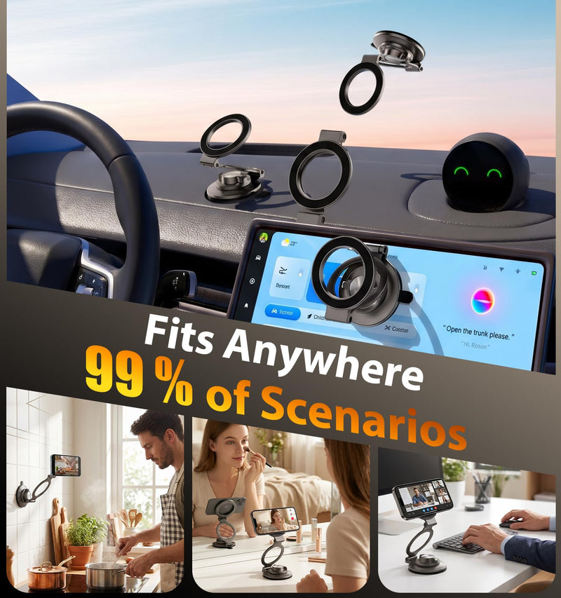 Upgraded Lock/Suction Cup Vacuum Magnetic Phone Holder，Adjustable&Foldable&Portable Zinc-Alloy Magnet Suction Phone Mount for Your Car/Dashboard/Desk/Windshield/Gym/Mirror,for iPhone Android