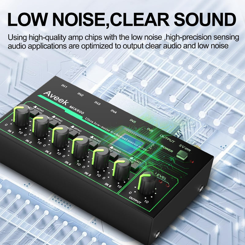 Aveek 6 Channel Mixer - Mini 6 Stereo Audio Mixer, Low-Noise for Precision Sub-Mixing,1/4" TRS Input/Output Ideal for Mics/Guitars/Bass/Stage - 3 x 5.8 x 1.3 inches