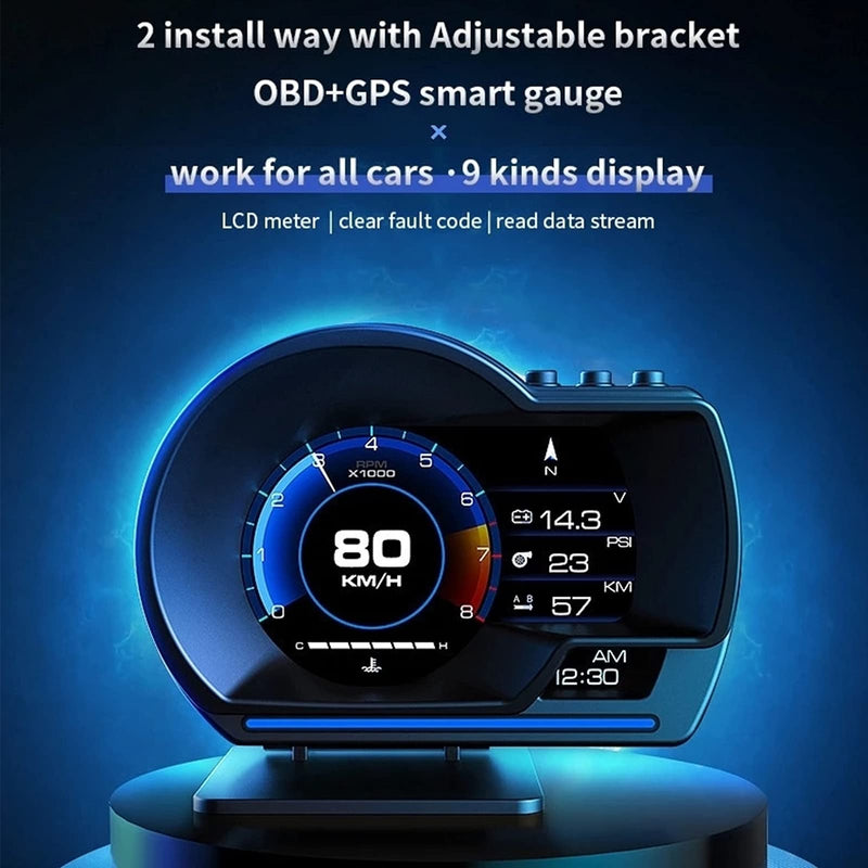 , Qiilu Car OBD2+GPS Smart Gauge Car HUD Speedometer Turbo RPM Alarm for Car Truck