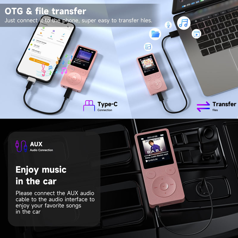 32GB MP3 Player with Bluetooth 5.3, Speaker, Simple Physical Buttons | Portable Music Player with FM Radio, 1.8 inch Screen, 40 Hour Battery Life, Voice Recorder, Supports 128GB Micro SD Card Pink