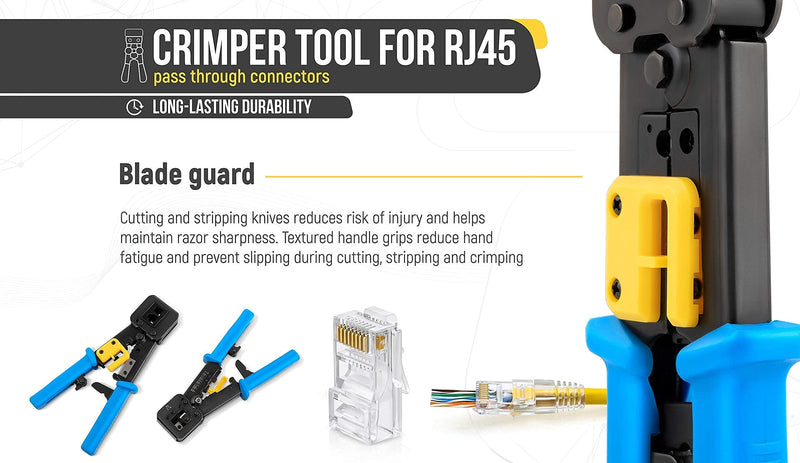 GTZ Bundle – 2 Items: RJ45 Crimp Tool + RJ45 Cat6 Pass Through Connectors and Strain Relief Boots - Pack of 100/100