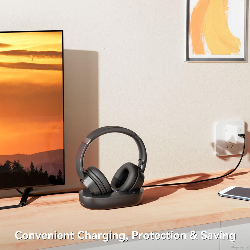 Wireless Headphones for TV, TV Headphones Wireless for Seniors with Easy Setup, Compatible with Most TVs, Charging Base, 65H Playtime, Low Latency Audio, TV Headset, Ideal for Dad, Mom Black