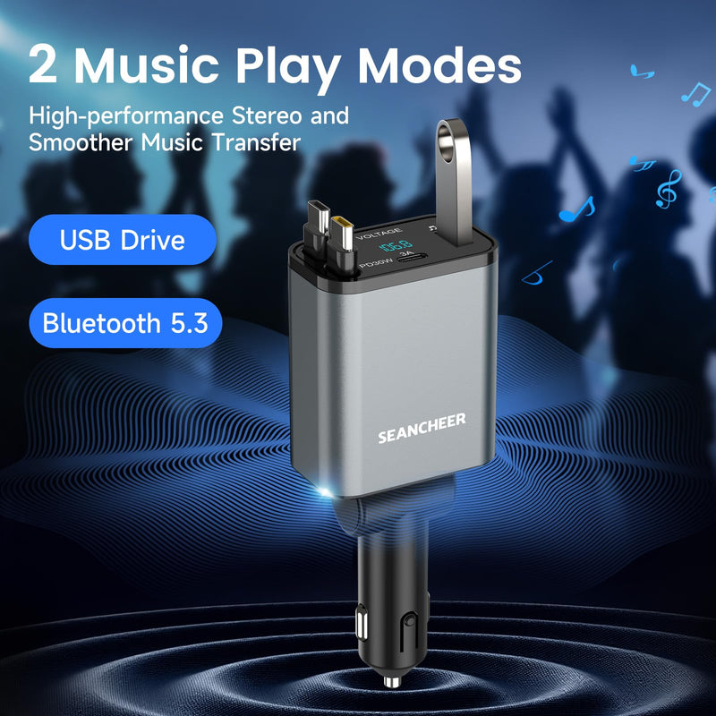 SEANCHEER Car Bluetooth Adapter & Car Charger USB C, 69W Cigarette Lighter Adapter with 2 Retractable Cables, FM Transmitter Bluetooth 5.3 for Handsfree Call, MP3 Player [Gray[USB-C+USB-C]] Gray[USB-C+USB-C]