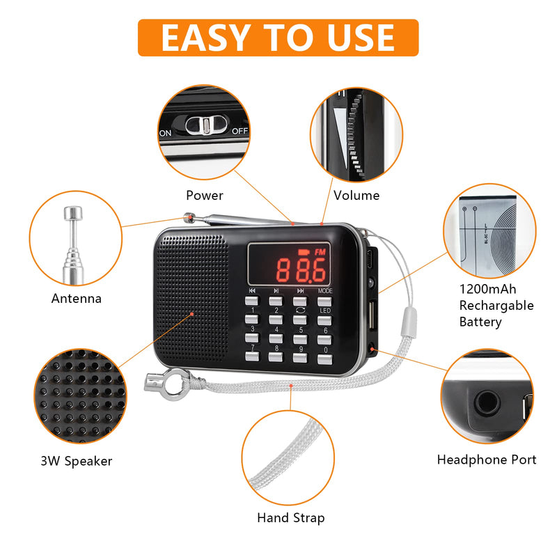 [AUSTRALIA] - Leting Radios Portable AM/FM MP3 Speaker, Supports Micro SD/USB, Records Music, Rechargeable Battery, Mini Radio with Best Reception (Black) BLACK 