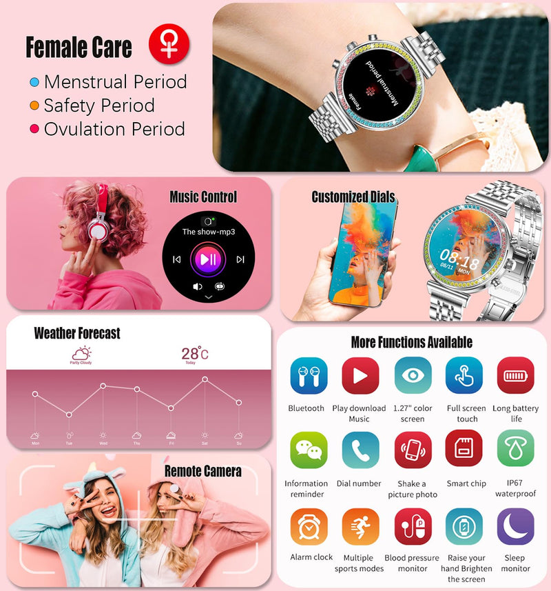Fitness Smart Watch for Women, 1.27" HD Display, Bluetooth Calls, Waterproof Sports Women's Smartwatch, Heart Rate Monitor, Pedometer – Compatible with Android & iOS (Full Silver) Full Silver
