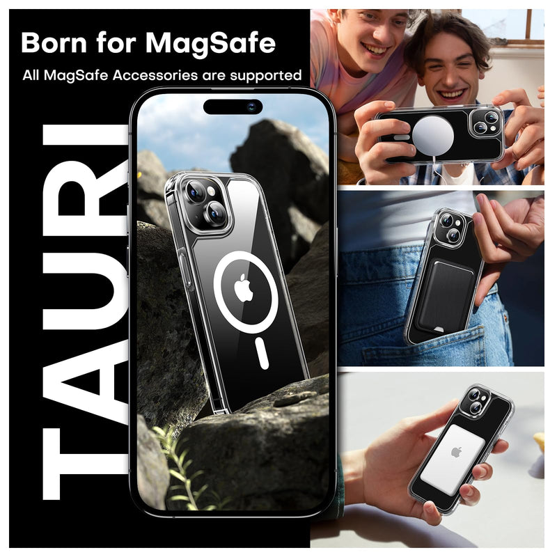 TAURI for iPhone 15 Plus Case, Compatible with Magsafe [Yellowing Resistant] with 2X Screen Protector + 2X Camera Lens Protector, Military-Grade Protection, Slim Magnetic Phone Case, Clear for iPhone 15 Plus 6.7" A-Clear