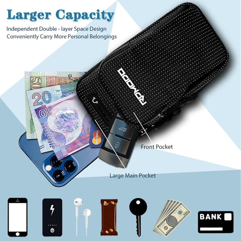 Running Armband Phone Holder, Water Resistant Arm Bands for iPhone Samsung LG Card Keys, 2 Pockets Plus Size Elastic Band Phone Pouch for Running Exercise Gym Walking Women Men Under 7.5 Inch 7.5 inches Black