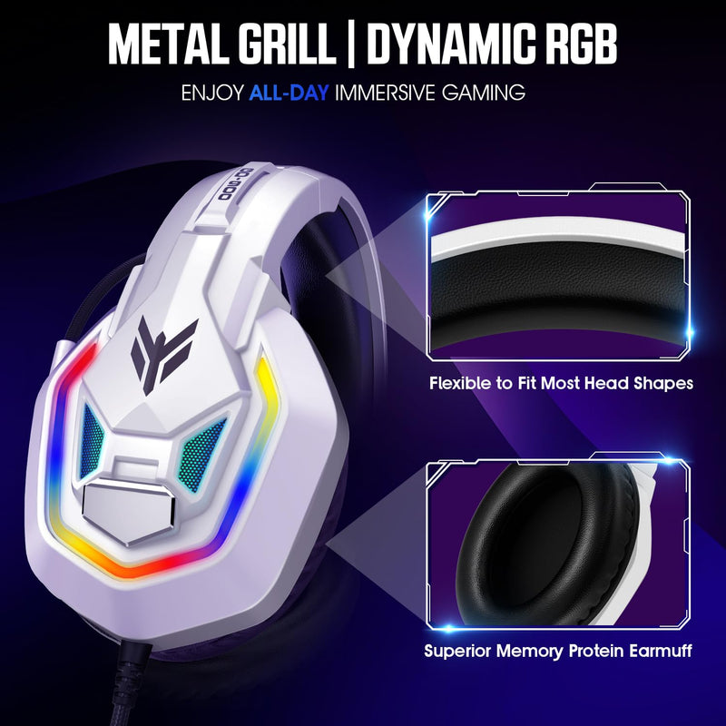 [AUSTRALIA] - YPBDAN Gaming Headset for PS5, PS4, Xbox Series X|S, Xbox One, PC, Switch, Mac - RGB Over-Ear Headphones with 7.1 Surround Sound, Noise Cancelling Mic, 50mm Drivers & Memory Earmuffs for Nintendo 64 White 