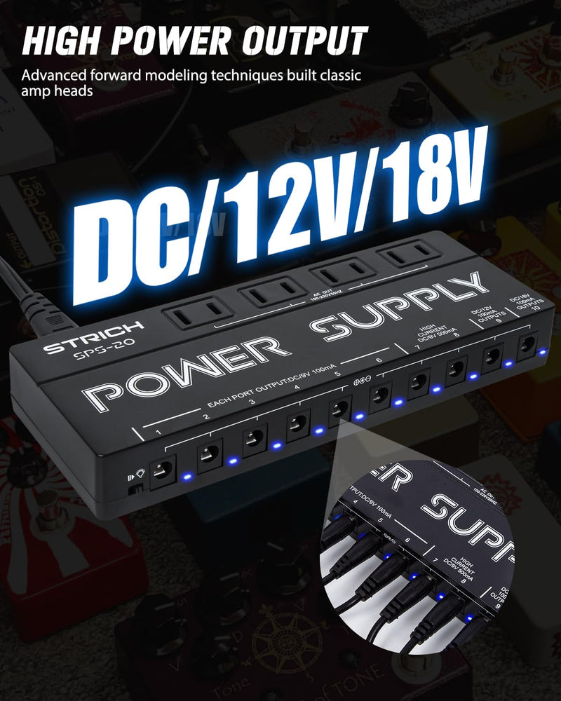 [AUSTRALIA] - STRICH SPS-20 Guitar Power Supply 10 Isolated DC Output for 9V/12V/18V Effect Pedal 