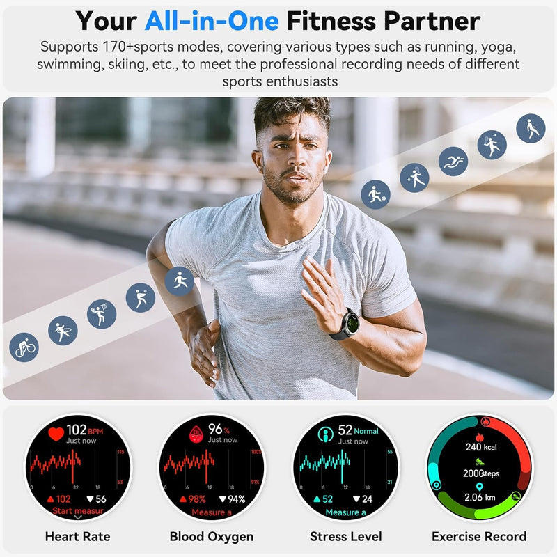 Smart Watch for Men, GPS Smartwatch Fitness Activity Tracker with Heart Rate/Sleep Monitor, Pedometer, Bluetooth Calls/Notifications, 170+ Exercise Modes, 5 ATM Water-Resistance (Black)