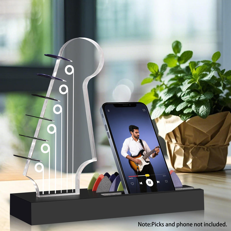 Light Up Guitar Pick Holder—Electric Guitar Headstock Design with 7-Color Changing Lights,Gifts for Music Lovers,Guitar Pick Display and Storage With Wooden Base&Phone Stand,Guitar Accessories.