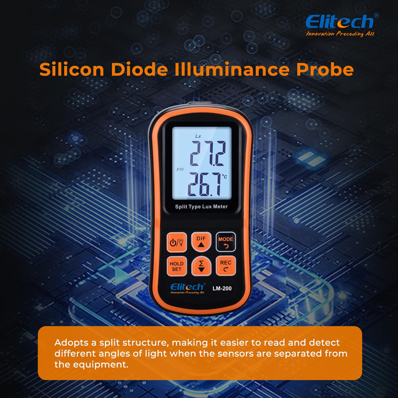 Elitech Digital Light Meter LM-200, Handheld Illuminance Meter with LCD Display, 200,000 Lux Range, Temperature Measurement