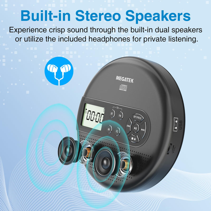 MEGATEK Portable CD Player with Dual Stereo Speakers and 60 Seconds Anti Skip, Personal Walkman CD Player for Car with headphones, USB Port, Bluetooth and FM Transmitter, 2000mAh Rechargeable Battery