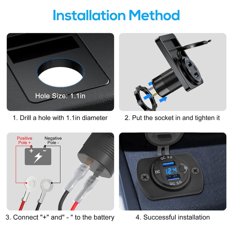 Linkstyle 2PCS 12V USB Outlet, Dual 18W QC3.0 USB A Ports Car Charger Socket with Botton Switch & Blue LED Voltmeter for 12V/24V RV Boat Truck
