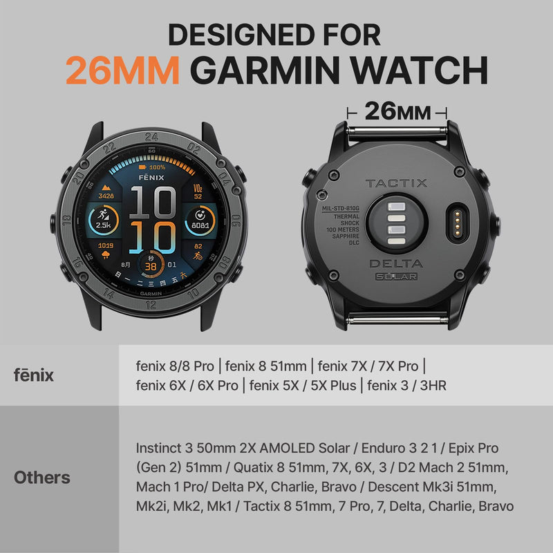 Bandletic 26mm Quick Fit Watch Band Compatible with Garmin Fenix 7X 6X Pro | Nylon Strap Replacement for Fenix 8 51mm/5X Plus/3 HR/Instinct 2X Solar 3 50mm/Enduro/Tactix/Epix Pro2/Quatix 8 51mm/D2 Black 26mm - Large (7.1"-7.9")