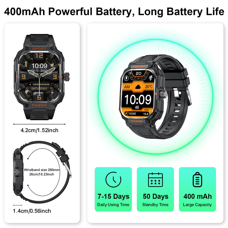 Smart Watch with Earbuds for Men, 2.01" HD Screen Military Watch, Answer/Make Calls, Sports Fitness Trackers with Heart Rate, Blood Oxygen, Sleep Monitor, Perfect for Men Dad Husband Black