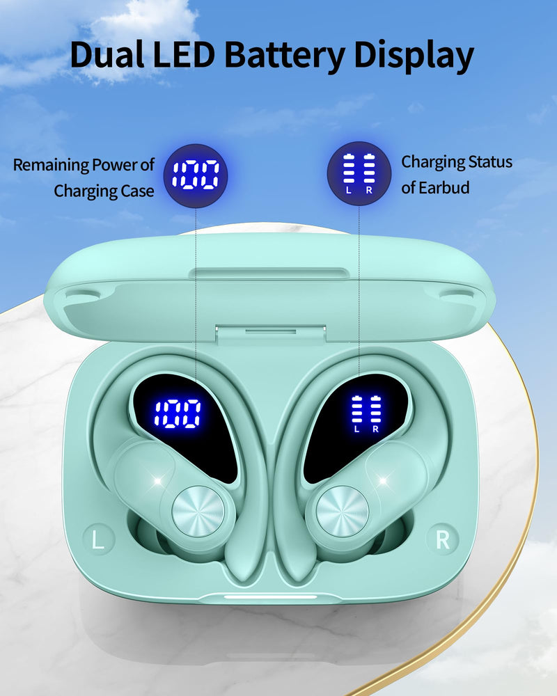 2 Sets Bluetooth Headphones Wireless Earbuds 80hrs Playtime Wireless Charging Case Sports Ear buds with Earhook Premium Deep Bass IPX7 Waterproof Over-Ear Earphones for Phone Laptop Mint Green + Pink