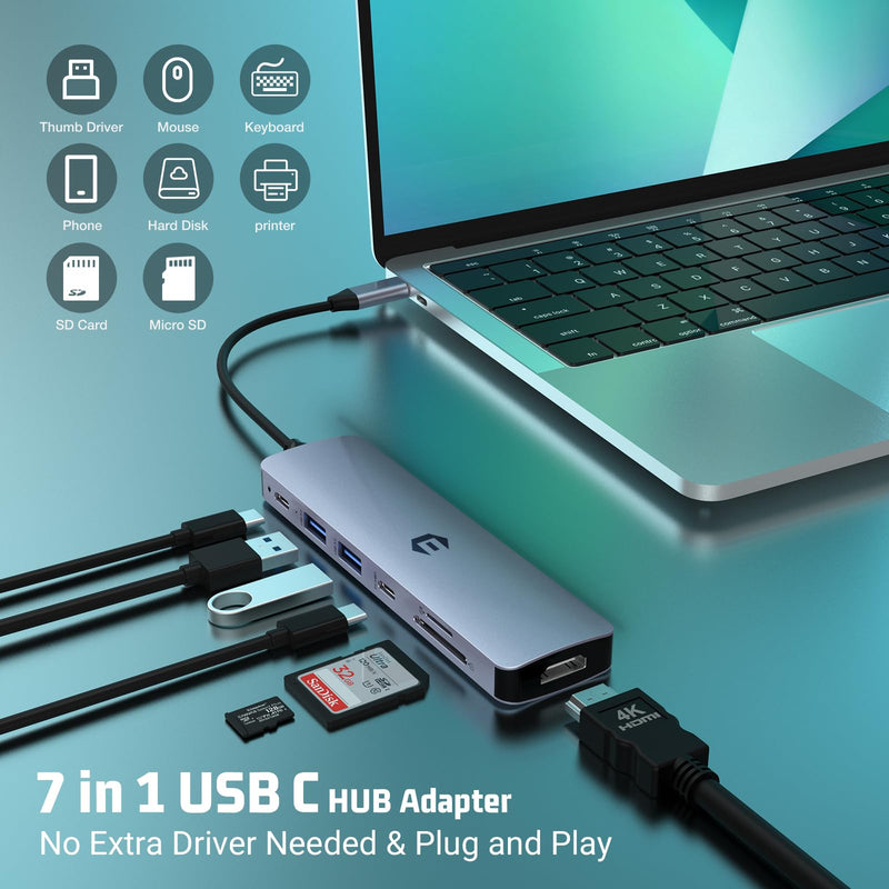 USB C HUB, Tymyp 7 in 1 Hub Adapter, HDMI Output, 100W Power Delivery, USB C 3.0, Dual USB 3.0 Ports, SD and Micro SD Card Reader, Ideal for USB C Laptops Dell XPS/HP/Surface and More