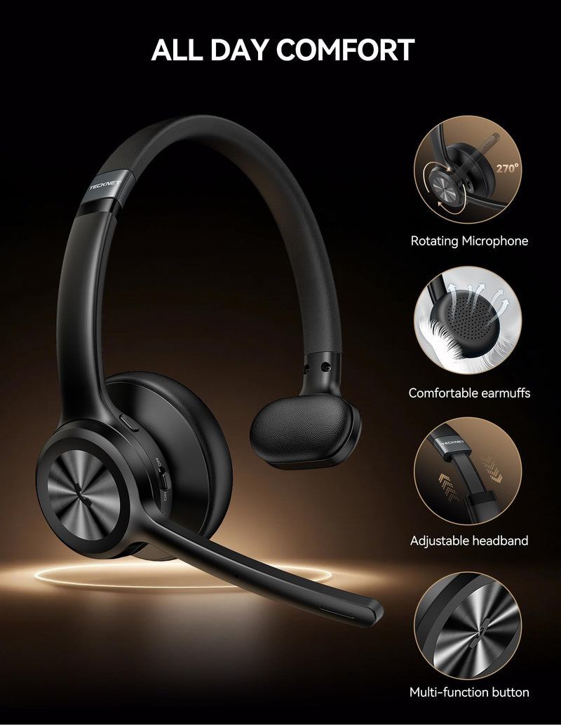 [AUSTRALIA] - TECKNET Trucker Bluetooth Headset, Wireless Headset with Mic for Work, V5.2 Bluetooth Headphones with AI Noise Cancelling Microphone, 60H Battery, On-Ear Headphones for Call Center, Office, Drivers Black 