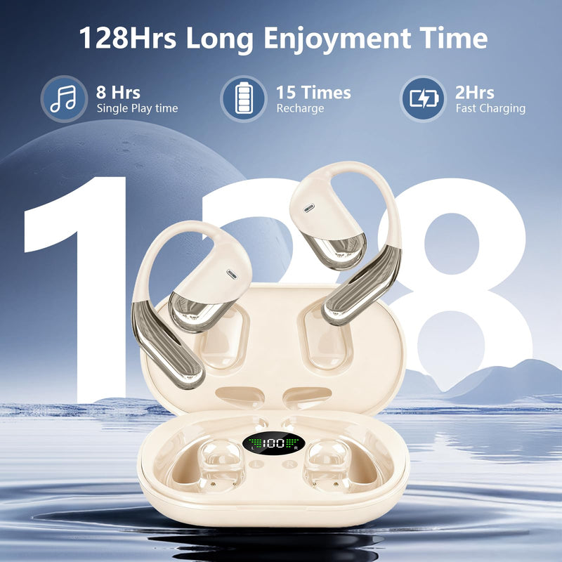 Open Ear Clip Wireless Earbuds Headphones, Bluetooth 5.4, Open Ear Design, Built-in Mic, IPX7 Waterproof, LED Display Charging Case,Ear Hooks Ear Buds Ultra for Fitness/Travel/Gym/Running/workout off-white