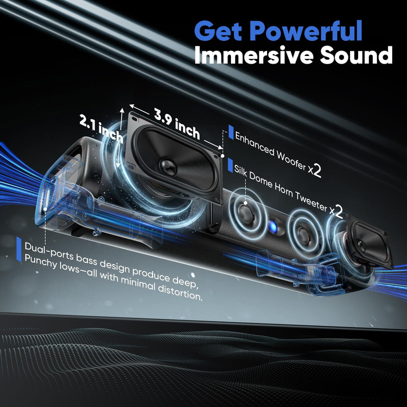17 Inch Sound Bar for Smart TV, 60W Soundbar with Deep Bass | Dual-Horn Port, Crystal Dialogue, Bluetooth 5.3, ARC/Optical/AUX Inputs, Compact Speaker for TV/Projector/PC/Gaming/Bedroom 17 Inch Soundbar