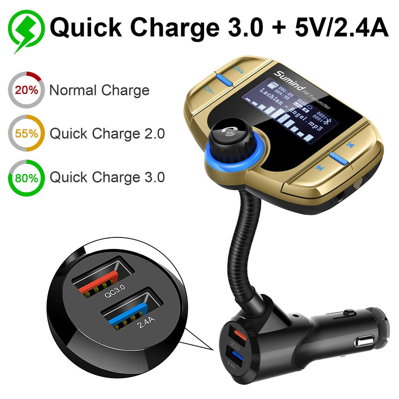 Sumind 2026 Upgraded Wireless Bluetooth Car Adapter FM Transmitter, 1.7'' LCD Display, Flexible Gooseneck, 20W QC3.0&Dual USB Ports, AUX Input/Output for Hands-Free Call, Micro/TF Card(Golden,Normal) Golden Normal