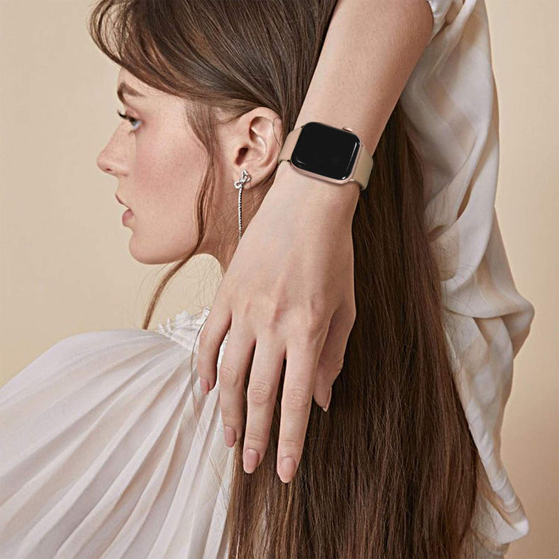 Fullmosa Compatible Stainless Steel Apple Watch Band 40mm Black with case & Compatible Leather Apple Watch Band 40mm Beige