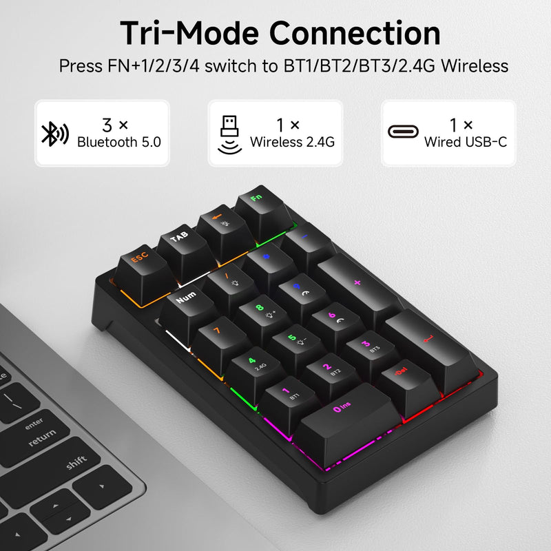 Wireless Numeric Keyboard | Mechanical Number Pad with RGB LED Backlit Wireless 2.4G/Bluetooth 5.0/Wired USB-C Rechargeable Numeric Keypad for Win/Mac Black