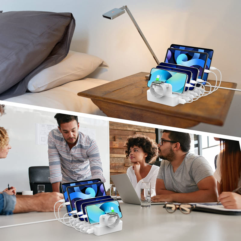 CREATIVE DESIGN Charging Station for Multiple Devices,50W 6 Ports Charging Dock with 6 Cables Compatible with Cellphone,Tablet, Kindle, Apple Watch and Other Electronic White